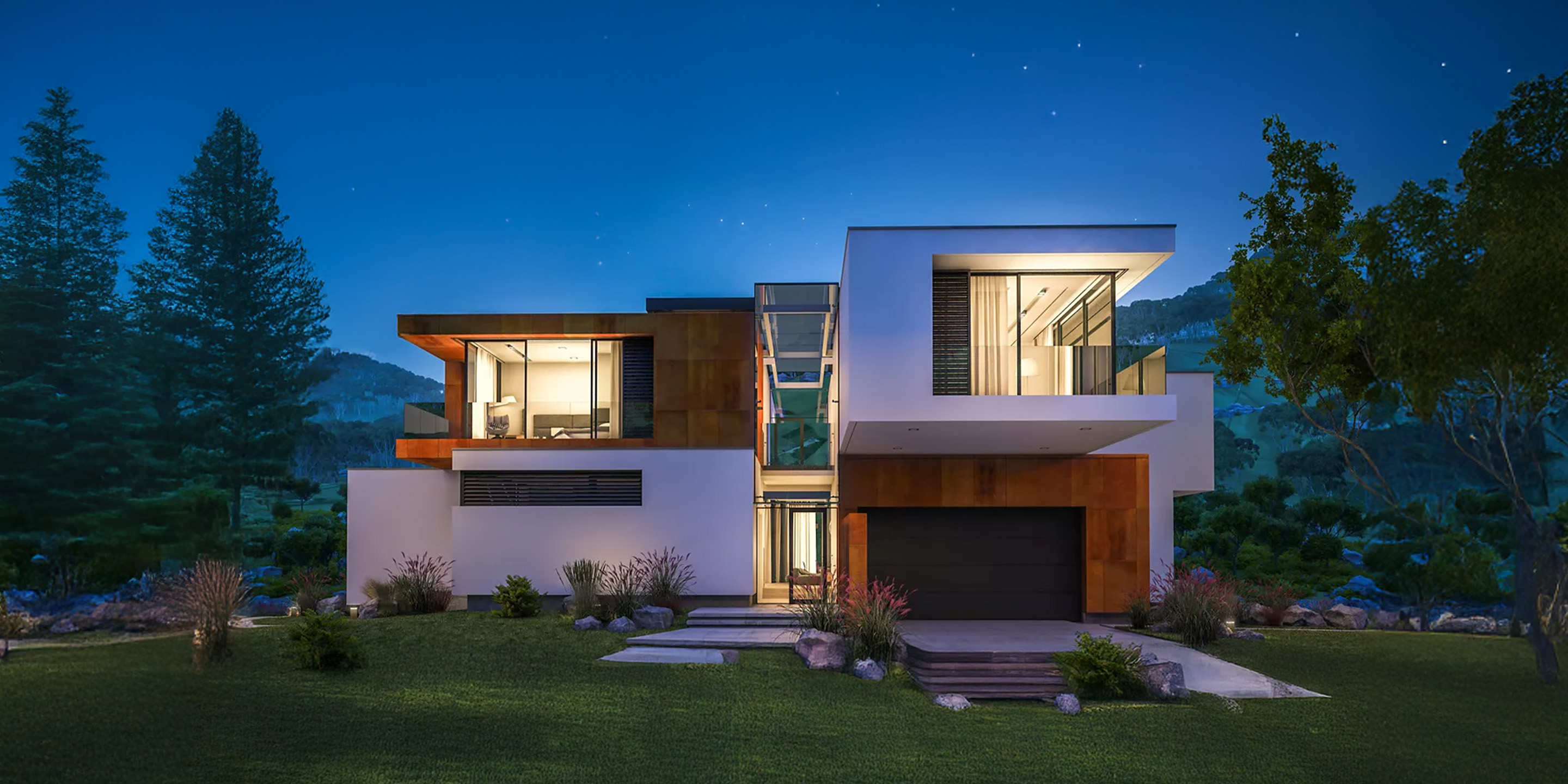 modernistic house at night with light shining from the windos